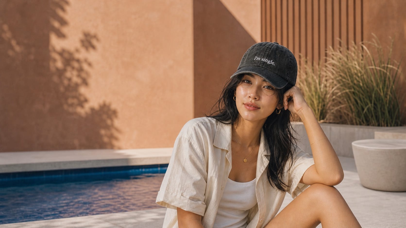 woman in a washed black i’m single. cap sitting by a pool against a terracotta wall